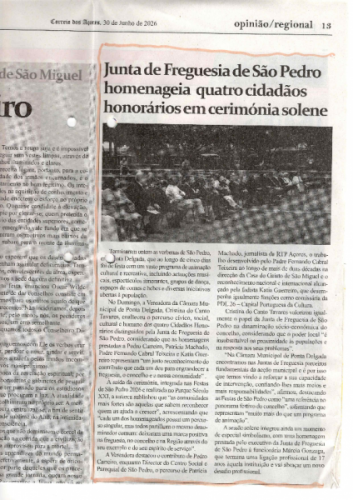Correio dos A&ccedil;ores: Junta de Freguesia de S&atilde;o Pedro homenageia quatro cidad&atilde;os honor&aacute;rios em cerim&oacute;nia solene